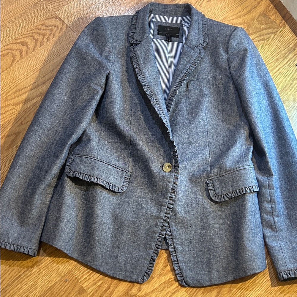 J. Crew Heathered Blue Ruffle Trim Blazer